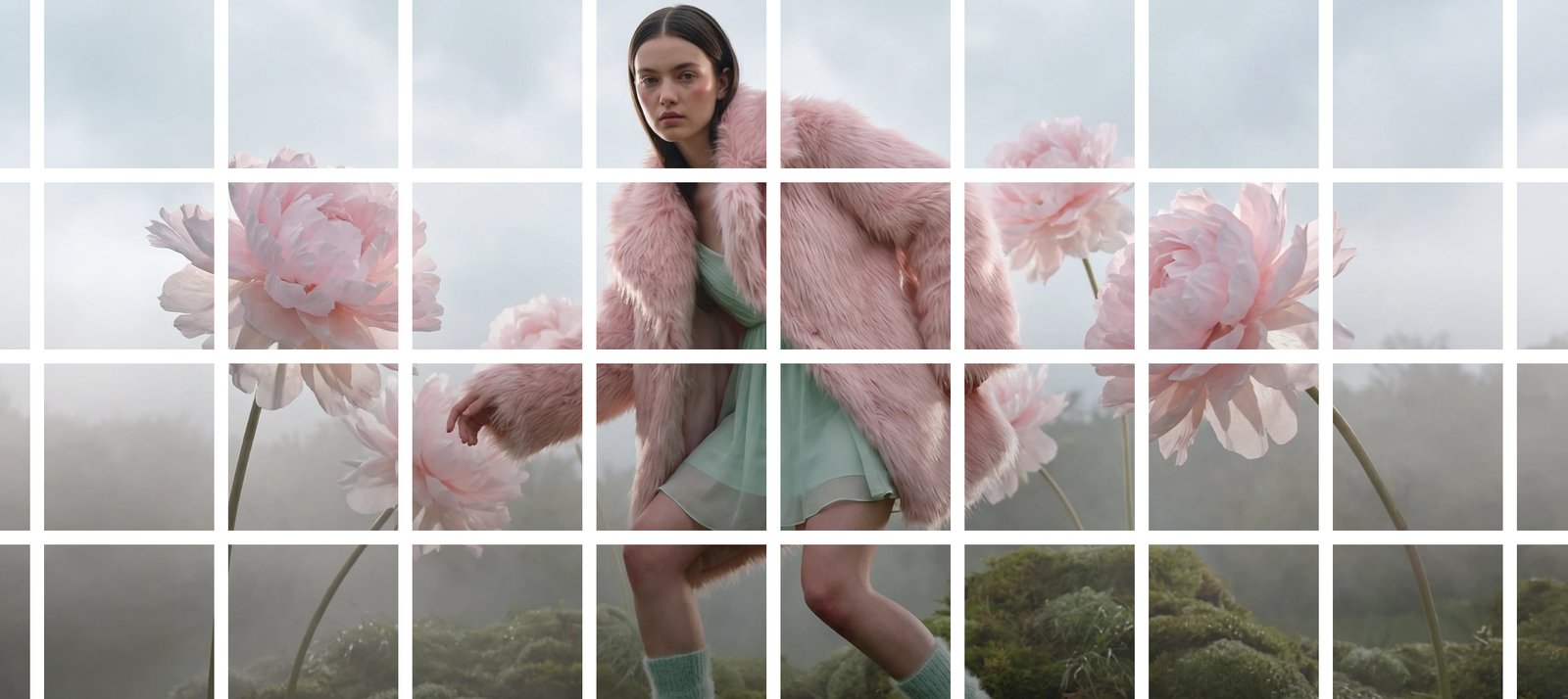A photograph of a woman wearing a pink faux fur coat standing amidst large pink flowers, segmented into an 8x4 grid collage to demonstrate online image splitting and grid-cutting functionality