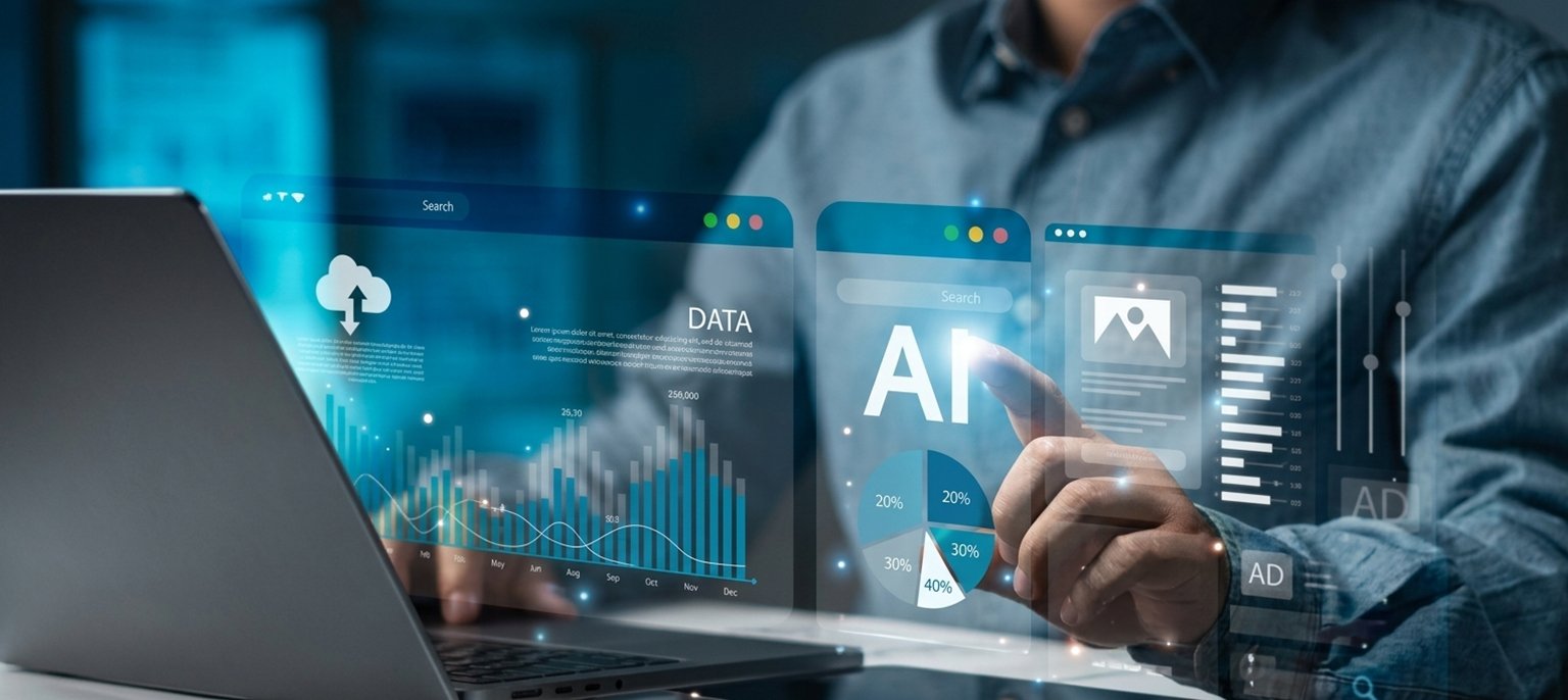 A person using a laptop and interacting with a glowing blue digital overlay showing AI analytics, data charts, a pie chart, and cloud metrics, evaluating whether a lifetime AI deal is worth the investment