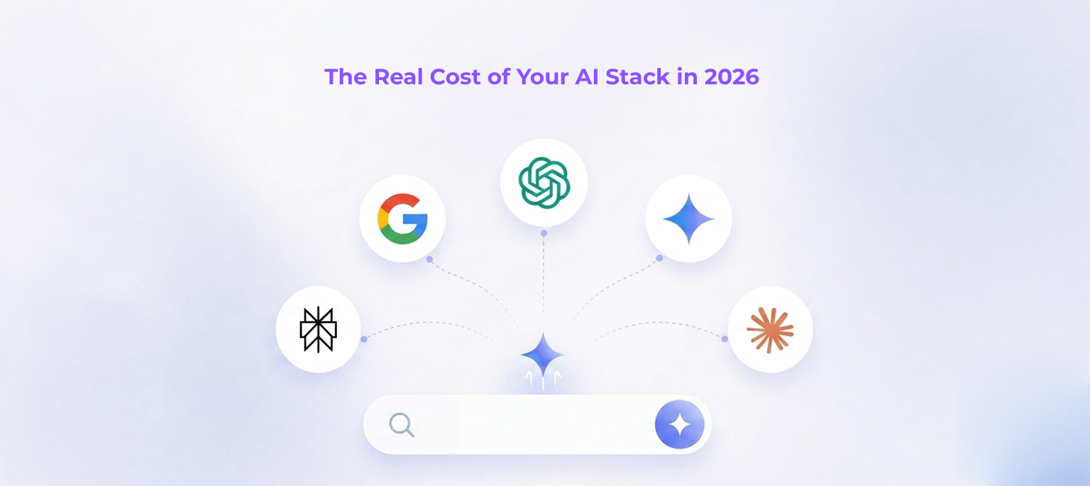 A minimal graphic on a soft purple gradient background featuring purple text reading "The Real Cost of Your AI Stack in 2026" above icons for Google, OpenAI, Gemini, Perplexity, and Claude connected by dashed lines to a central search bar interface, illustrating AI stack cost consolidation