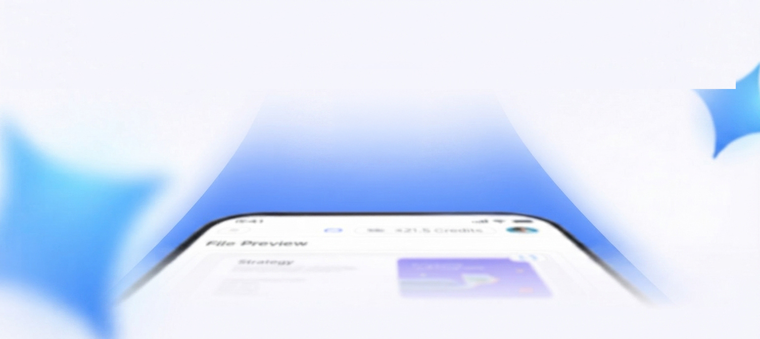 A close-up perspective of a smartphone screen showing a File Preview interface with credit tracking icons, flanked by blue sparkling star graphics against a white background, representing self-serve AI voice, video, and avatar generation