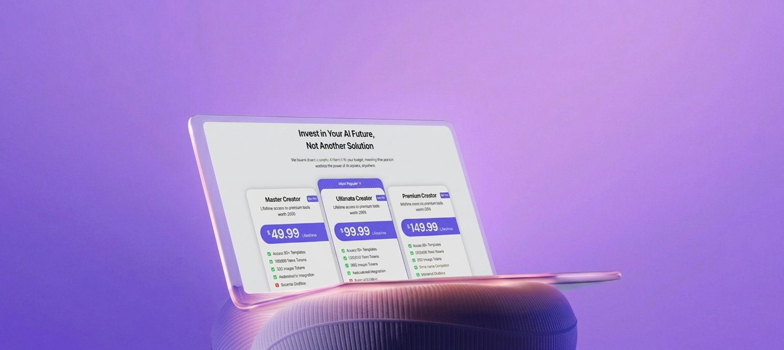 A modern translucent laptop floating against a purple background displaying three pricing tier cards with one-time deal rates titled "Invest in Your AI Future, Not Another Solution" for SEO and AI software