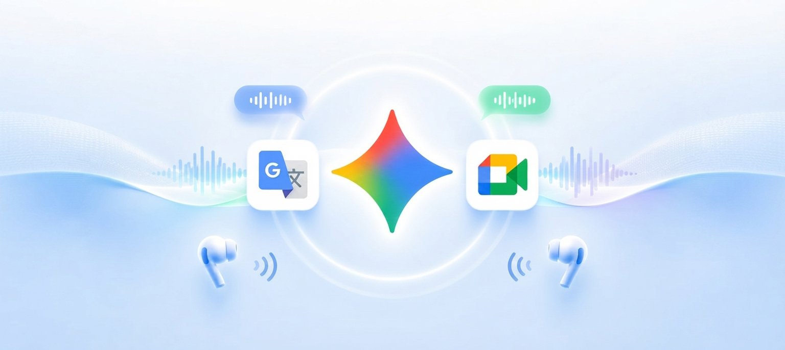 A central multi-colored AI star icon connected to Google Translate and Google Meet app icons flanked by wireless earbuds and audio waveforms, illustrating real-time AI voice cloning and stream translation software