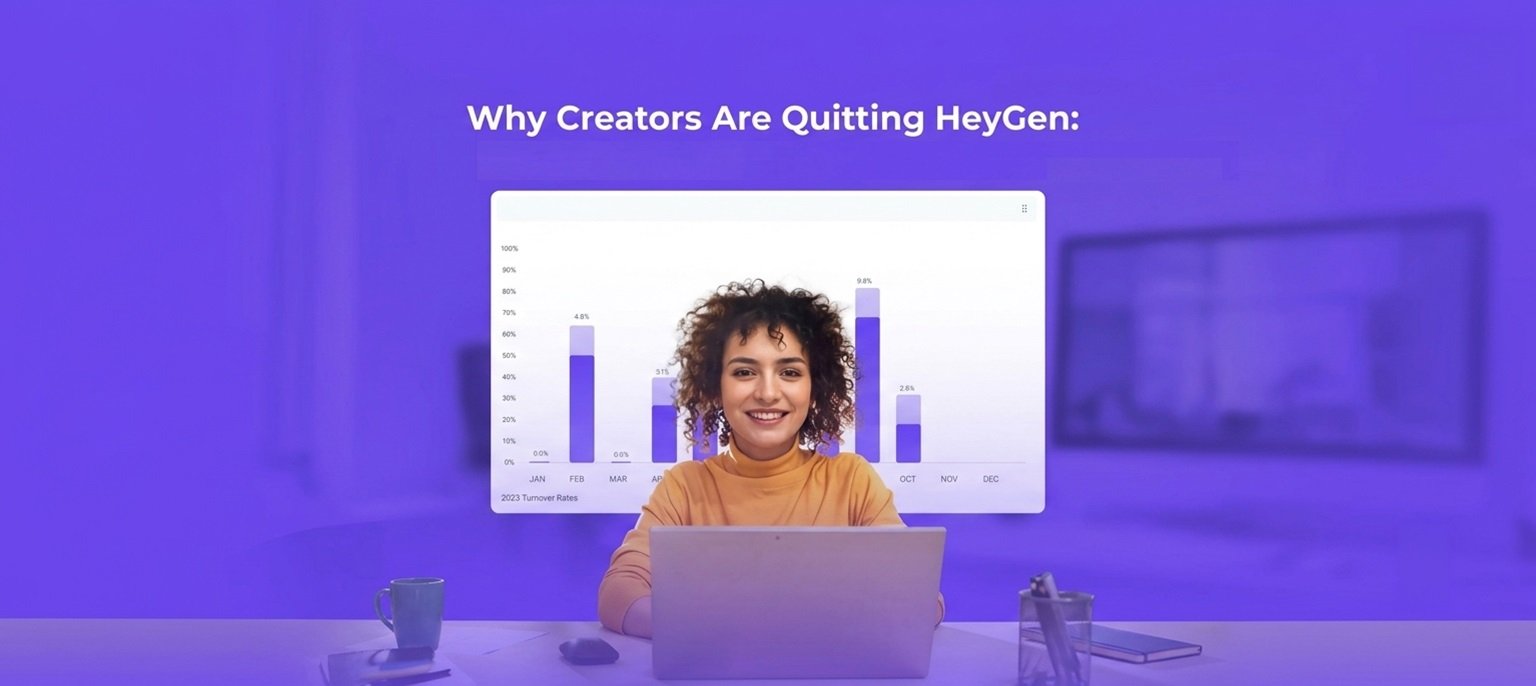 A woman with curly hair sitting at a desk with a laptop, smiling in front of a purple analytics bar chart background, covered by a purple gradient overlay with white text reading "Why Creators Are Quitting HeyGen: The 2026 Shift to Flat-Rate AI Video Generation."