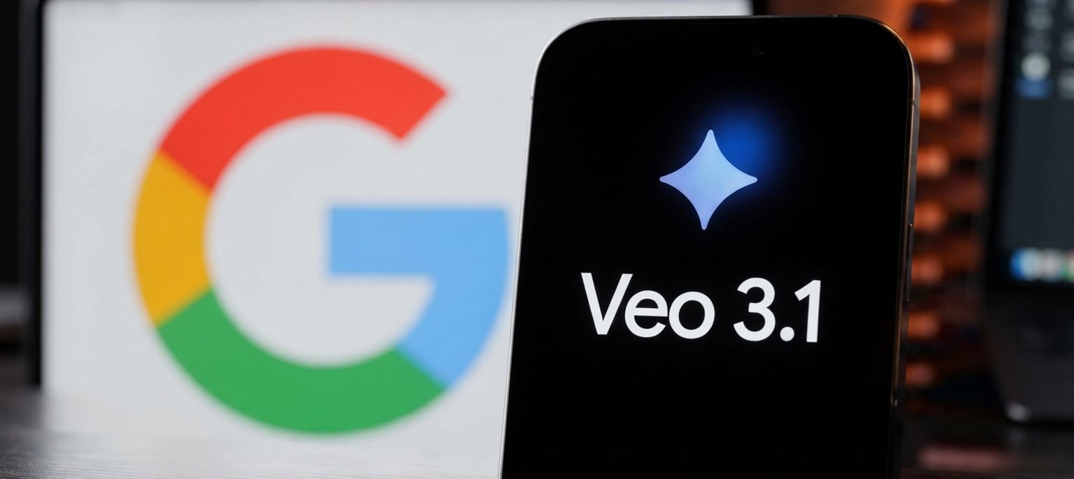 A close-up screenshot of a smartphone screen displaying the Veo 3.1 interface with a glowing blue four-pointed AI star icon in front of Google's multi-colored G logo, illustrating unified access to Sora, Veo, and Kling video tools