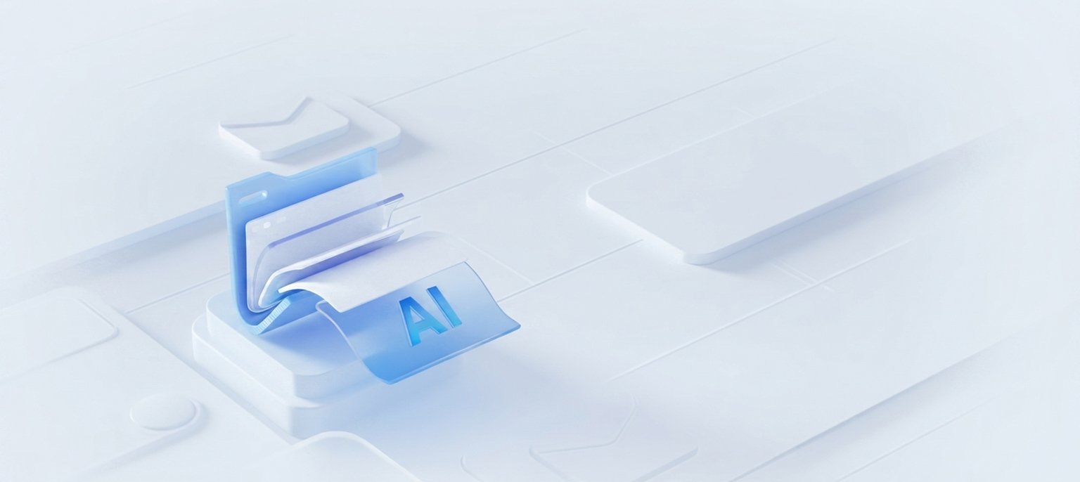 A clean minimal 3D visual featuring a blue digital folder icon with translucent document sheets labeled "AI" on a white geometric surface, illustrating camera-free AI product photography and digital asset generation