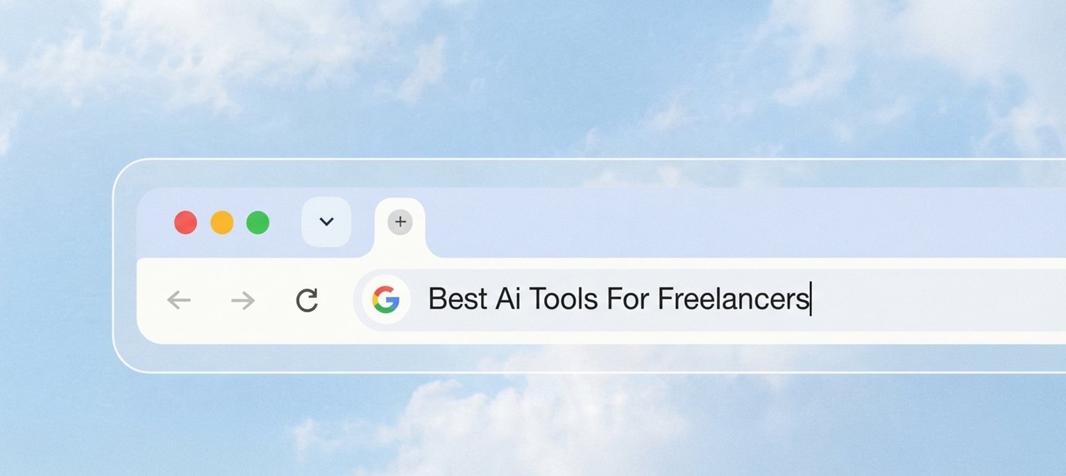 Illustration of a web browser search bar with the search term "Best Ai Tools For Freelancers" typed into the Google address bar against a light blue cloudy background.