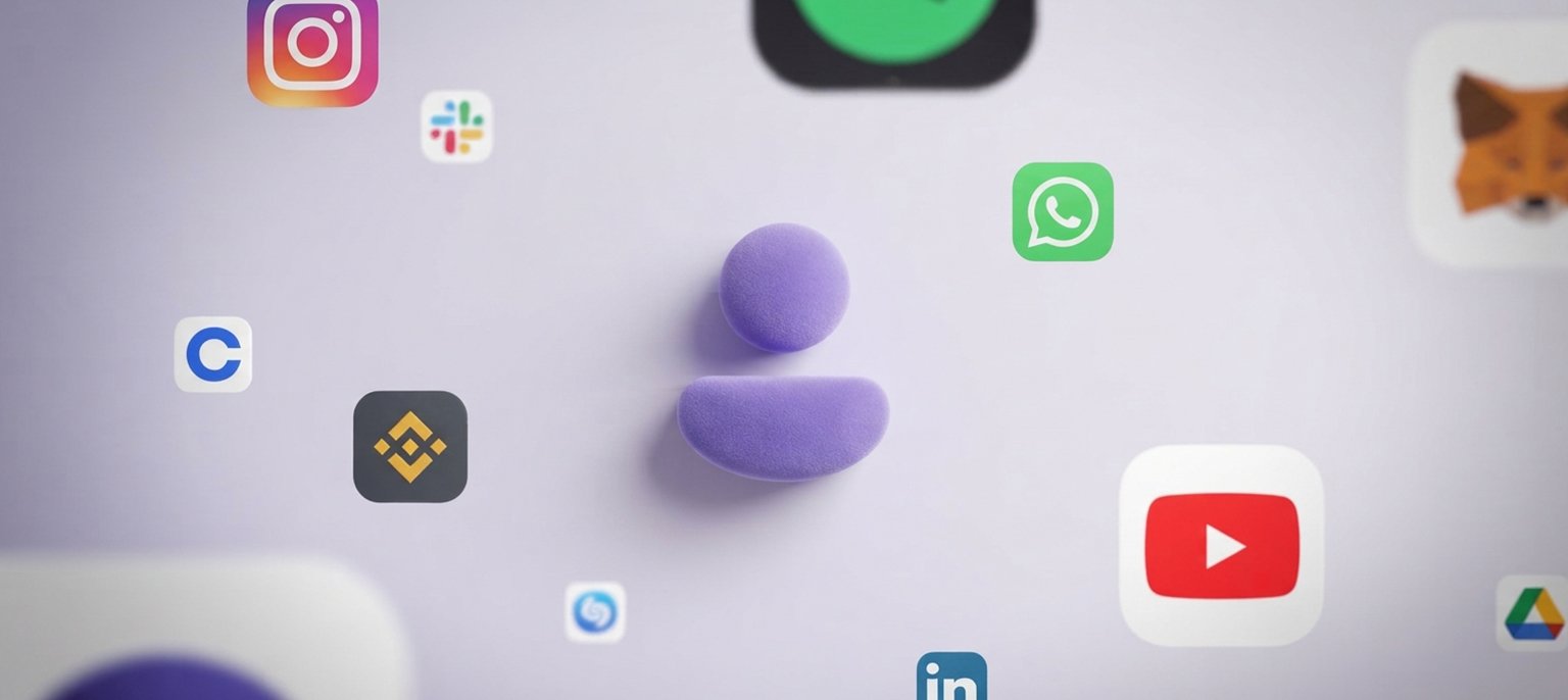 A modern 3D graphic showing a central purple user avatar icon surrounded by interconnected floating badges for social media, messaging, payment, and cloud services on a light purple background, representing unified AI tools for small business owners
