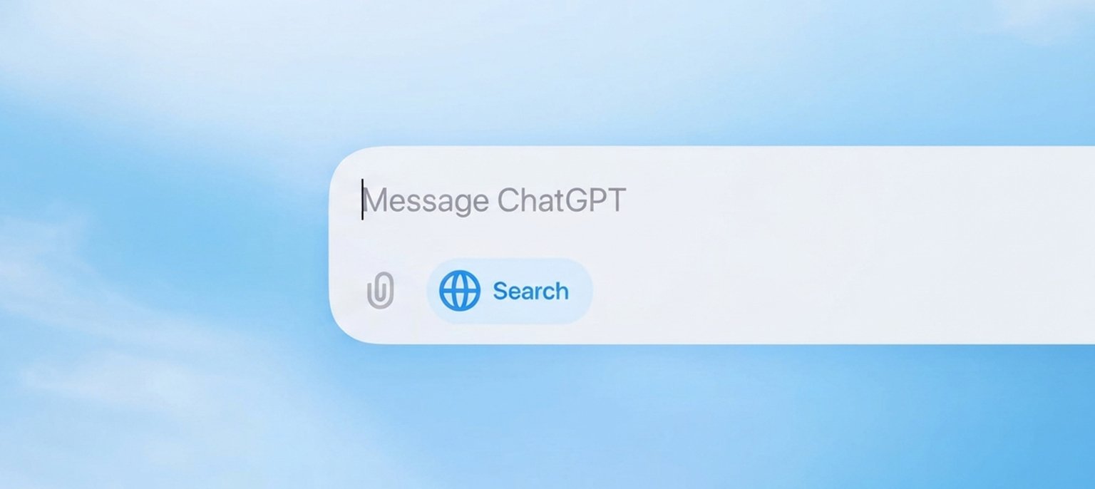 A close-up screenshot of the minimalist ChatGPT user interface showing the "Message ChatGPT" text input field with an active web Search icon button against a soft blue sky background