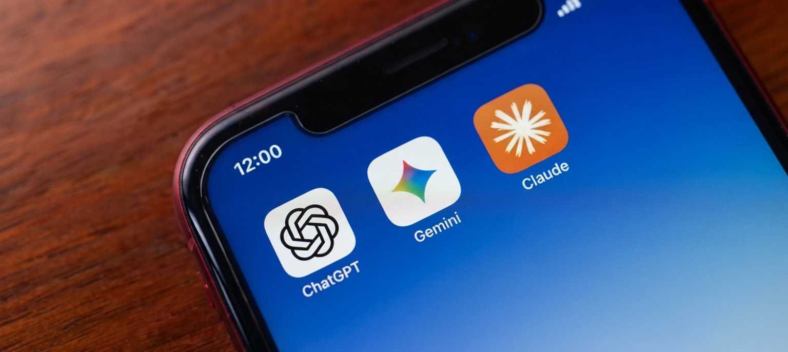 A close-up photograph of a smartphone screen displaying app icons for ChatGPT, Google Gemini, and Claude on a dark blue gradient background, illustrating a head-to-head comparison of leading 2026 AI models