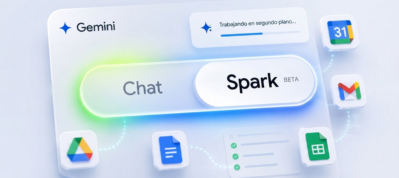 A clean minimal UI displaying a Google Gemini logo alongside Chat and Spark Beta toggle buttons surrounded by Google Drive, Docs, Sheets, Gmail, and Calendar icons, illustrating cost-effective Copy.ai alternatives for AI writing and workspace automation