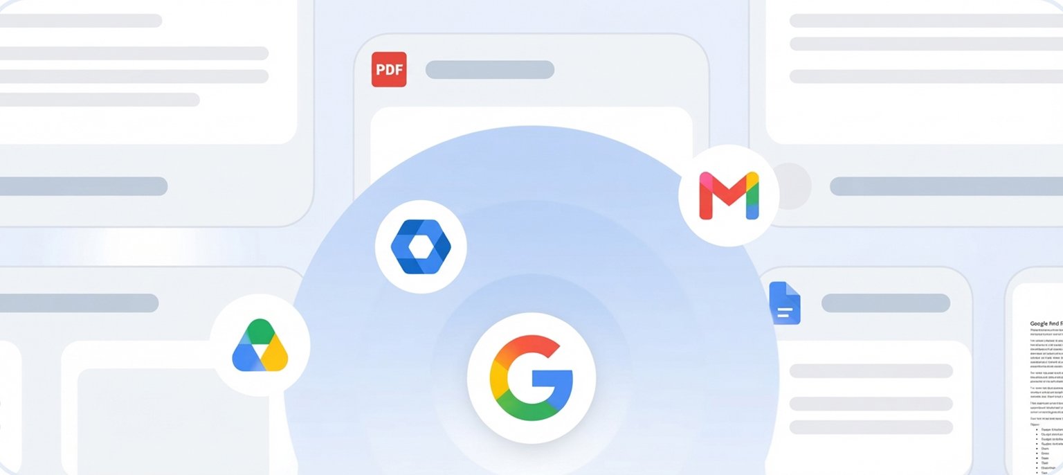 A modern UI graphic showing a central Google emblem surrounded by floating icons for Gmail, Google Drive, Google Docs, and a PDF viewer over a layout of document preview cards, illustrating AI integrations across Google Workspace