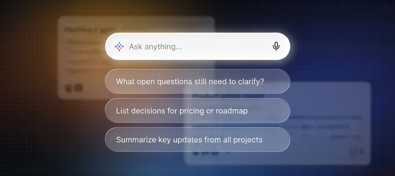A dark glassmorphic user interface featuring a glowing white prompt bar with text reading Ask anything and three translucent action buttons with prompts for project management, pricing decisions, and open questions, representing Pyxa AI's lifetime unified AI stack