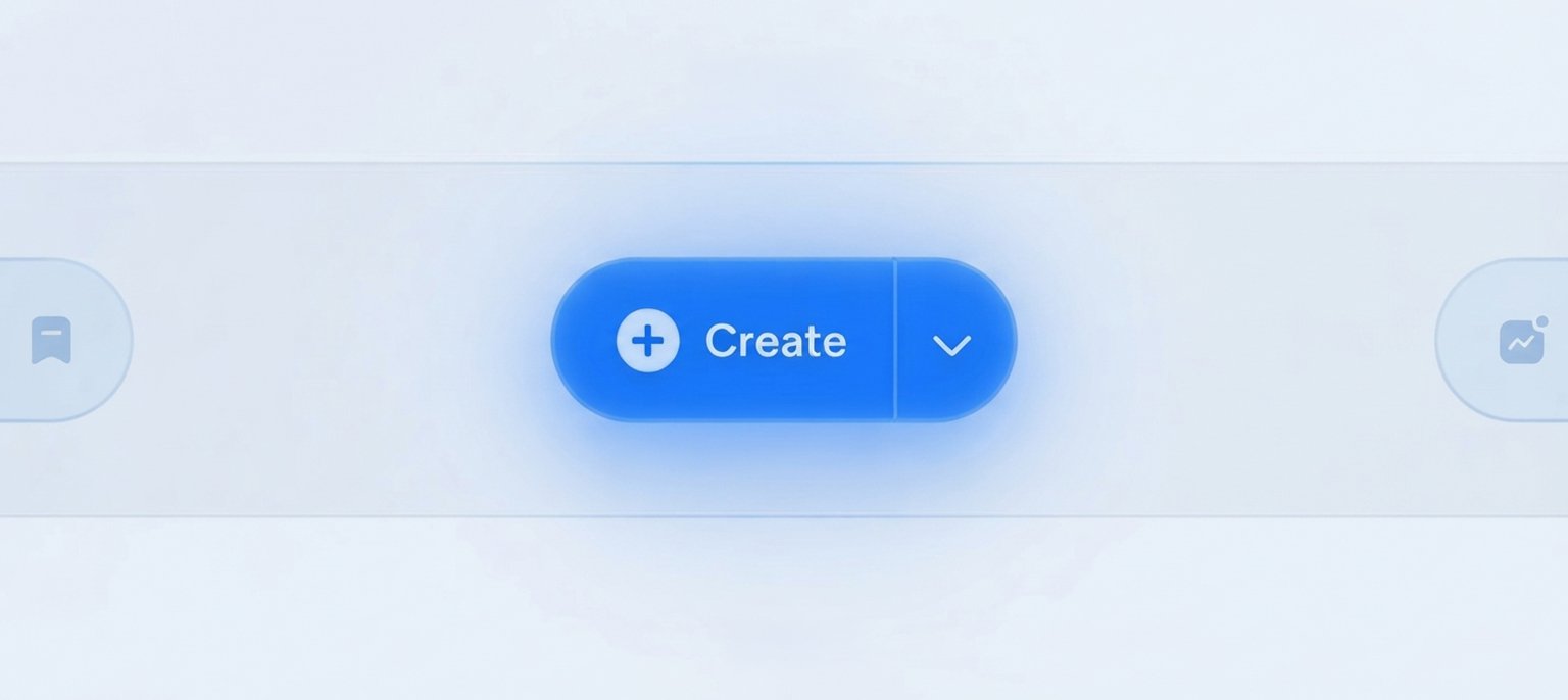 A clean UI interface showing a bright blue rounded "+ Create" button with a dropdown arrow set inside a soft glassmorphic navigation bar on a light background, illustrating a comparison between lifetime AI subscriptions and monthly AI tools