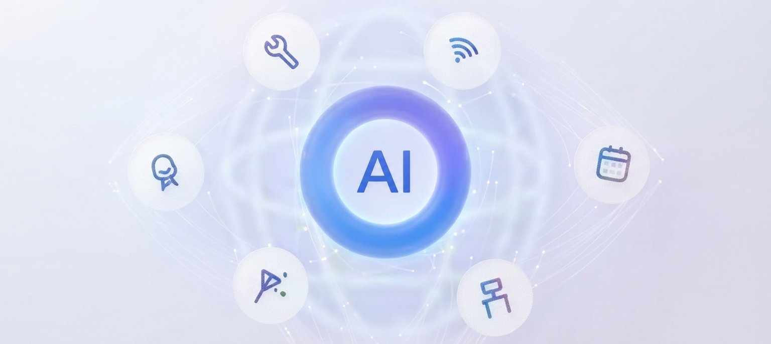 A modern technological UI diagram showing a central glowing blue AI core connected via network paths to circular capability icons for tools, RSS feeds, calendar scheduling, creative generation, and workspace settings on a light blue gradient background
