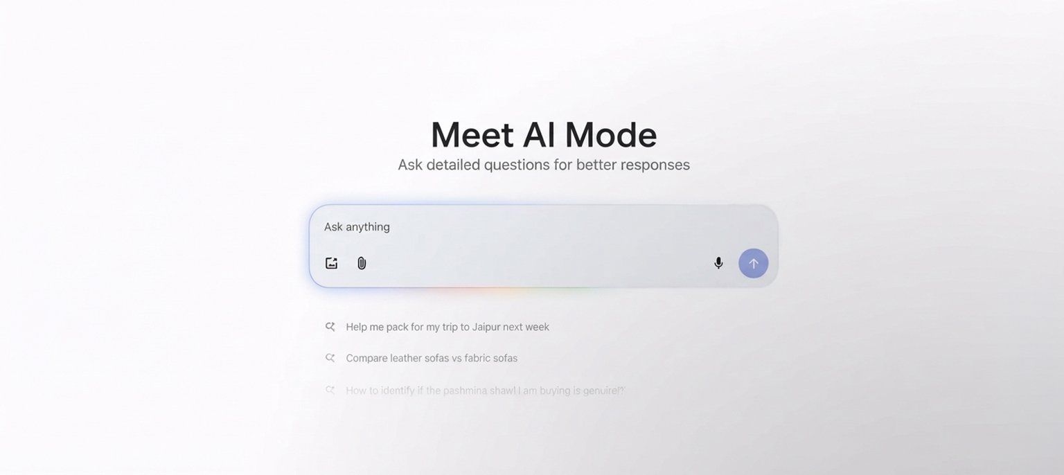 A clean minimal UI design displaying the heading "Meet AI Mode" above a glowing prompt bar reading "Ask anything" with media attachment icons and sample search prompts on a soft white background, representing Pyxa AI's unified workflow platform