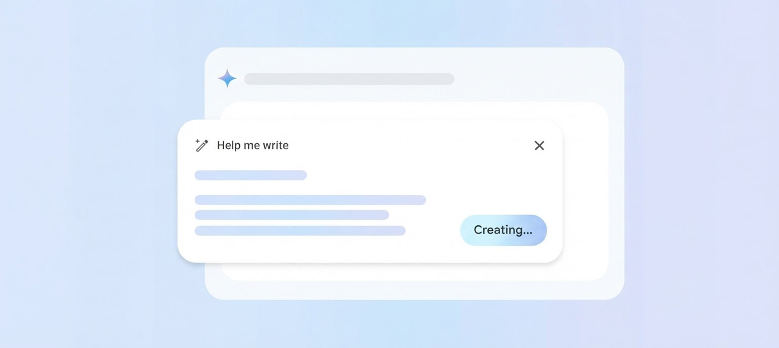 A clean minimal UI pop-up box with a magic wand icon and "Help me write" prompt header showing an active light-blue "Creating..." button on a soft blue workspace background, illustrating automated AI content publishing to WordPress