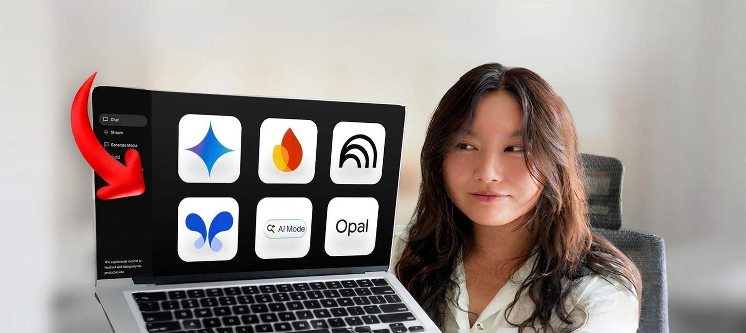 A creator holding a laptop screen displaying a grid of AI model app icons—including Gemini, Google Flow, and Opal—with a curved red arrow pointing to a unified chat management sidebar