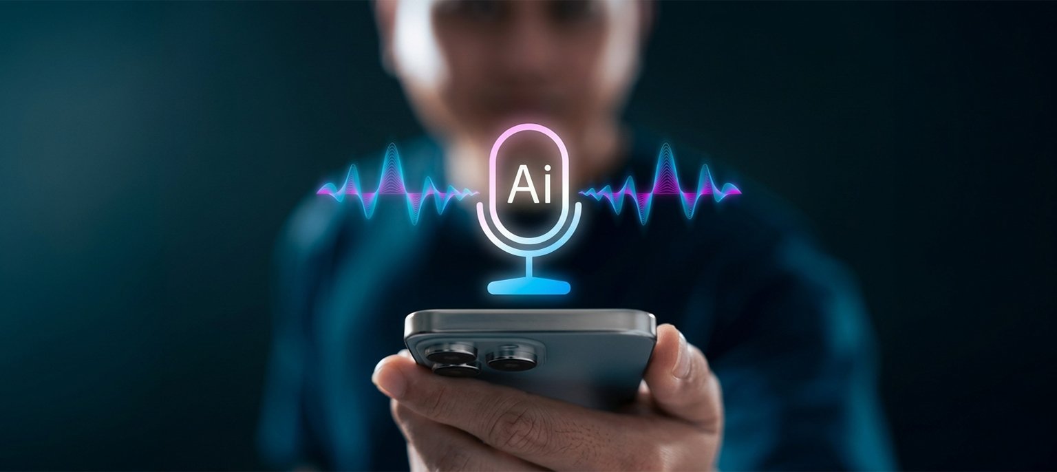 A close-up of hands holding a smartphone with a glowing neon blue AI microphone icon and multi-colored sound waveform graphic floating above it against a dark background