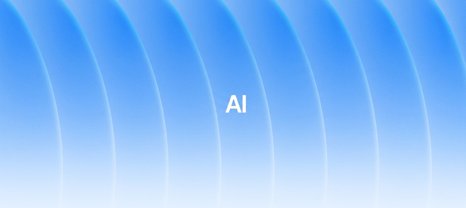 A clean blue gradient background with layered vertical curved waves and bold white AI text centered in the frame, illustrating monthly cost calculations for AI content tool stacks