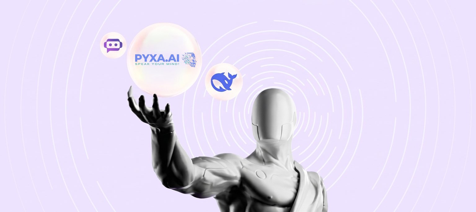A modern classical white statue figure reaching up to balance floating glass orbs with the Pyxa AI logo, a chat bot icon, and a blue whale logo against a light purple concentric circle pattern, comparing a single AI platform against multiple SEO subscriptions