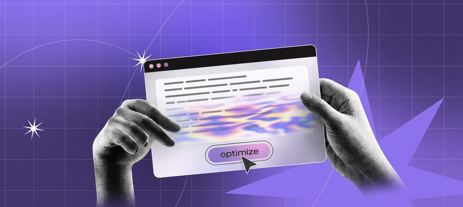 Monochrome hands holding a digital browser window displaying formatted content and a colorful gradient image above an optimize button clicked by a cursor, set against a purple grid background with star accents
