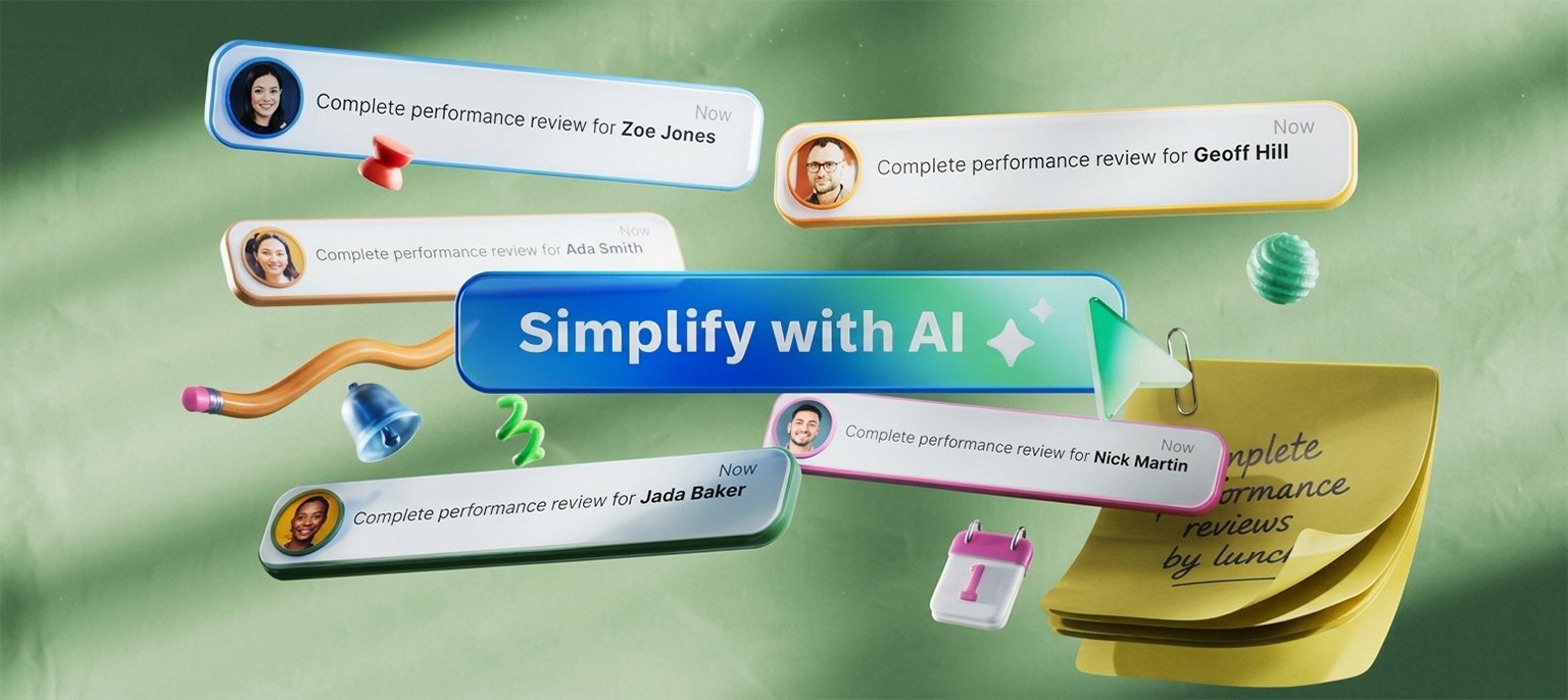 A vibrant green workspace background featuring 3D notification cards for team tasks, a sticky note stack, productivity icons, and a central blue Simplify with AI button clicked by a cursor
